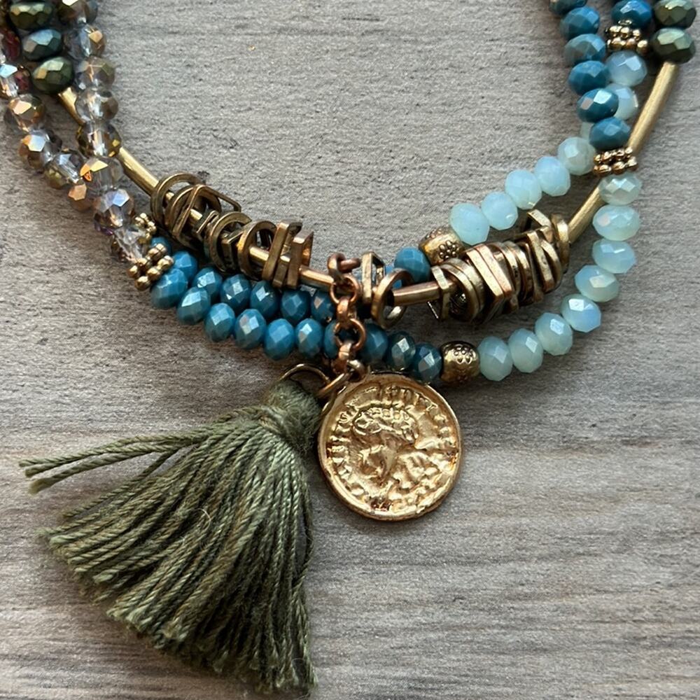 Bohemian Tasseled Charm Bracelet Teal Brown Gold Coin Fashion Costume Boho - Picture 2 of 3